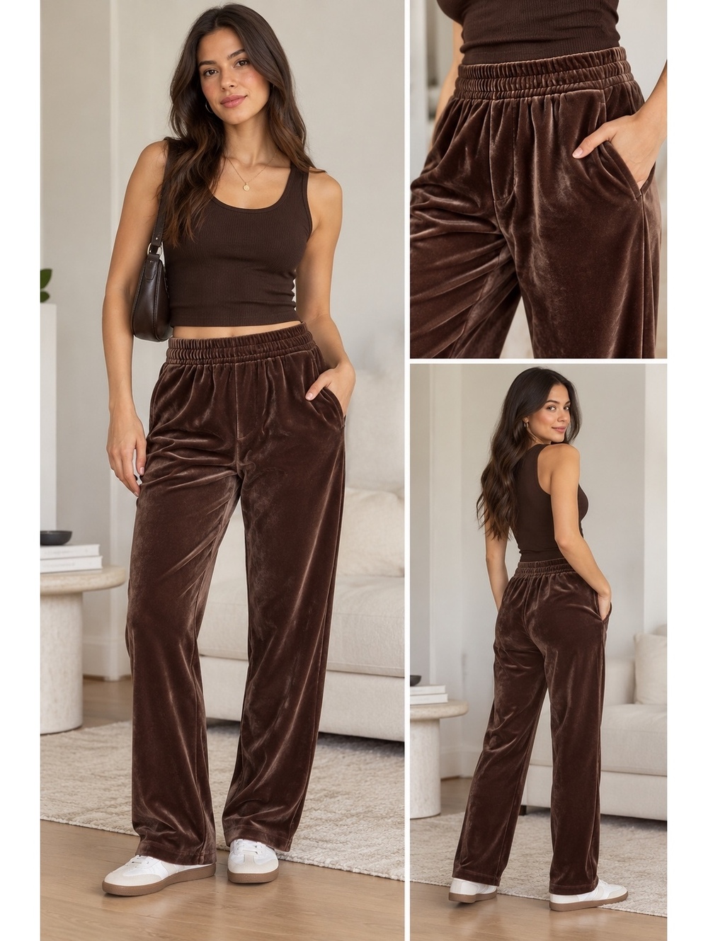ZARA Chocolate Brown Velvet Straight Leg Pants Elastic Waist XS